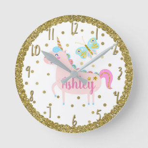 Horloge Ronde Licorne Rose et Or à Paillettes Chambre de Filles 