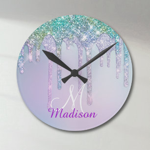 Horloge Ronde Licorne turquoise aqua mignonne avec monogramme de