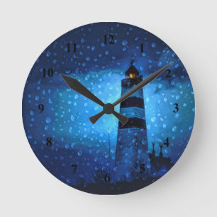 Horloge Ronde Lighthouse a pluie bleu foncé nuit nautique