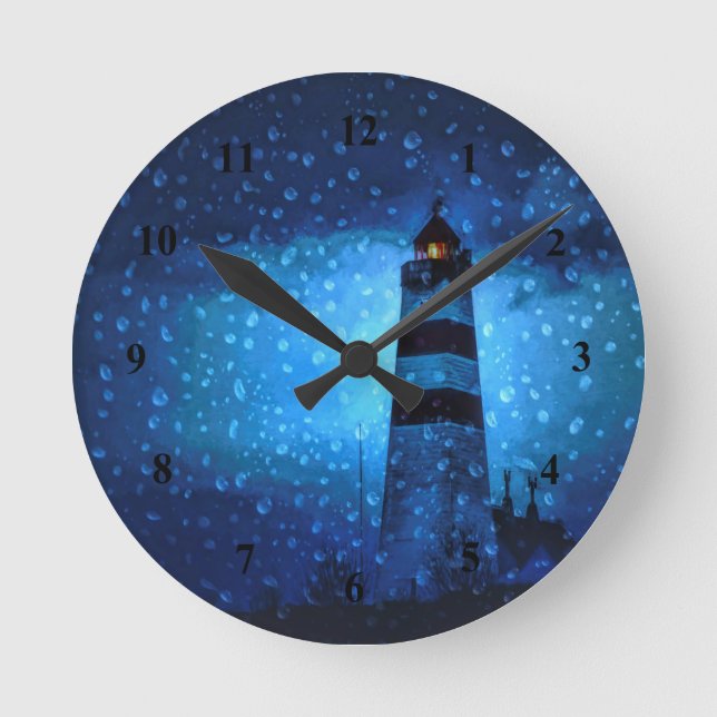 Horloge Ronde Lighthouse a pluie bleu foncé nuit nautique (Recto)