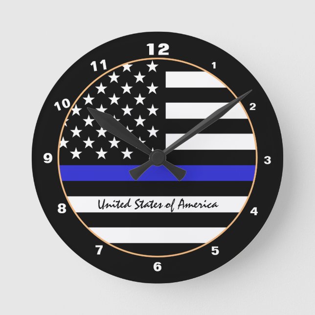 Horloge Ronde Ligne Bleue Mince & Police américaine du Drapeau / (Recto)