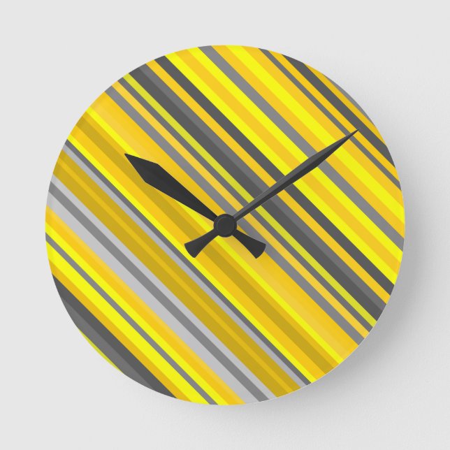 Horloge Ronde Lignes/motif diagonaux jaunes et gris de rayures (Recto)