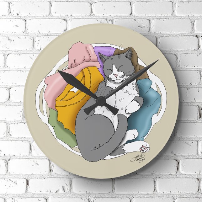 Horloge Ronde Linge Cheveux de Chat Gris Blanc (Créateur téléchargé)