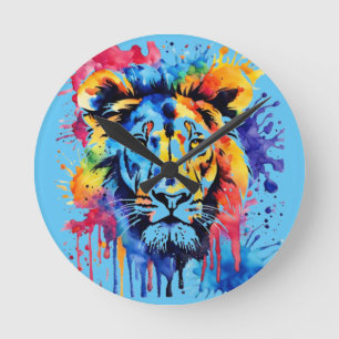Horloge Ronde Lion coloré drôle d'aquarelle