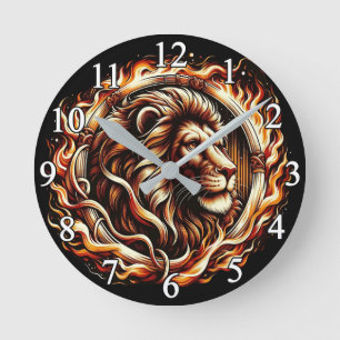 Horloge Ronde Lion flamboyant dans un anneau de flammes d'Astrol