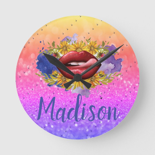 Horloge Ronde Lips Licking Custom Glitter (Recto)
