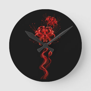 Horloge Ronde Lis Araignée Rouge - Fleur en Fumée sur Fond Noir
