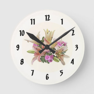 Horloge Ronde Lis asiatiques et œillets rose blush