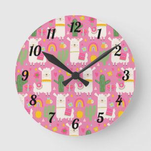 Horloge Ronde Llamas Mignons Filles Cactus Vert Arcs-en-ciel Ros