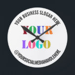 Horloge Ronde Logo de Custom Business<br><div class="desc">Logo Professionnel Promotionnel Social Media Name Entreprise Slogan Professional Personnalisé Timbre Cadeau - Ajouter Votre Logo - Image - Photo / Business Slogan - Tagline - Nom - Entreprise / Social Media Handle - Site Internet - Email - Téléphone - Coordonnées ! Redimensionner et déplacer ou supprimer et ajouter des...</div>