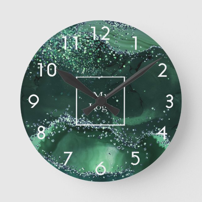 Horloge Ronde Logo de l'entreprise marbre vert agate (Recto)