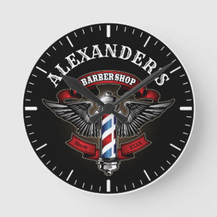 Horloge Ronde Logo du pôle de barbier ailé Personnaliser