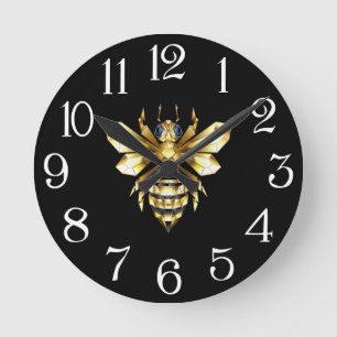 Horloge Ronde Logo Faux Gold Foil Bee Polygonal sur Noir