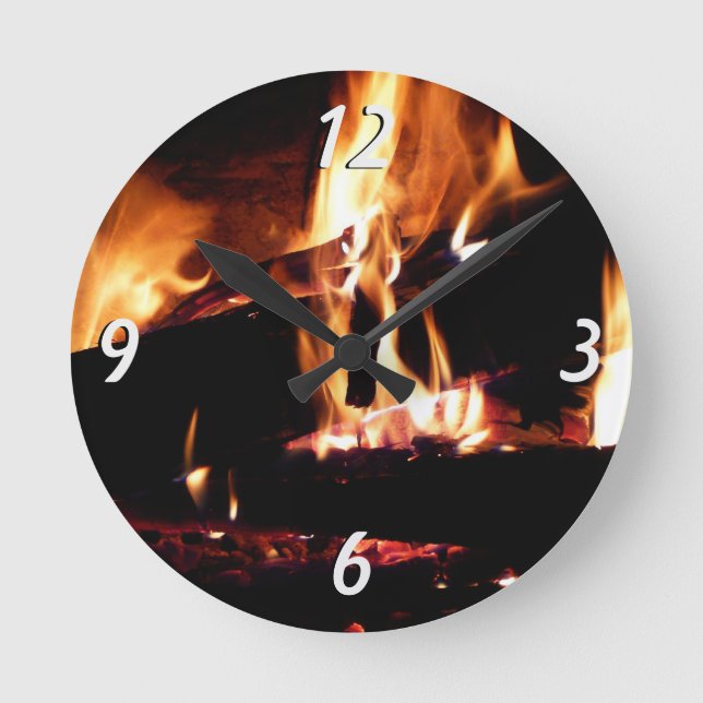 Horloge Ronde Logs dans la cheminée Photographie de feu chaud (Recto)