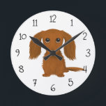 Horloge Ronde Long Haired Dachshund | Doxie mignon chien de dess<br><div class="desc">Une mignonne horloge murale d’amoureux des chiens vierge pour la maison ou le bureau. Dessin original d'un Dachshund de couleur rouge à poils longs. Découvrez le Doodle World de Jenn pour encore plus d'horloges décoratives de race de chien et le décor de maison à thème Doxie.</div>