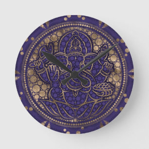 Horloge Ronde Lord Ganesha Dot Art Purple et Or