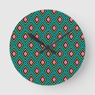 Horloge Ronde Losanges Arc-en-ciel Pastel Géométrique Noir Rose