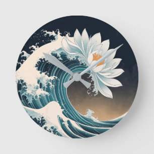Horloge Ronde Lotus blanc et vague océanique - Élégance en mouve