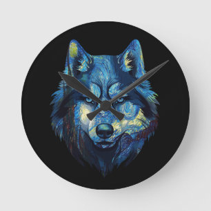 Horloge Ronde Loup dans la nuit étoilée abstrait faune