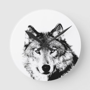 Horloge Ronde Loup noir et blanc