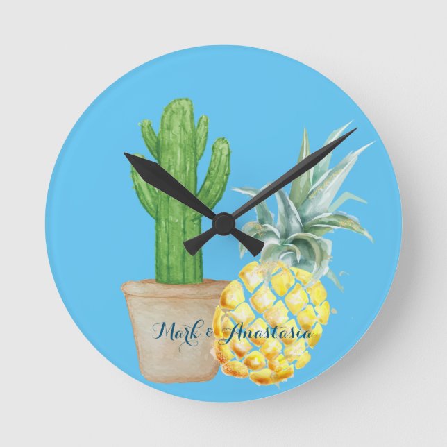 Horloge Ronde Love Blue Pineapple and Cactus (Recto)