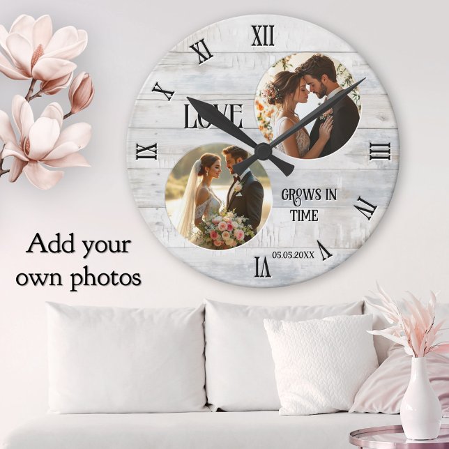 Horloge Ronde Love Grows in Time Rustic White Wood Wedding Photo (Personalized wedding photo rustic white wood clock with a love grows in time theme)