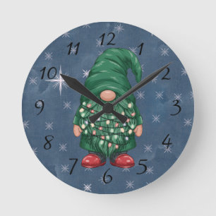 Horloge Ronde Lumières de Noël Gnome Vert Aquarelle