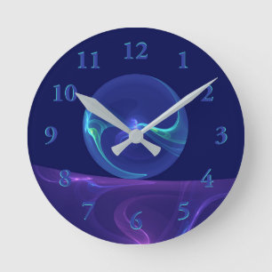 Horloge Ronde Lumineuse Bleu Violet Rêve Abstrait Fractal Art