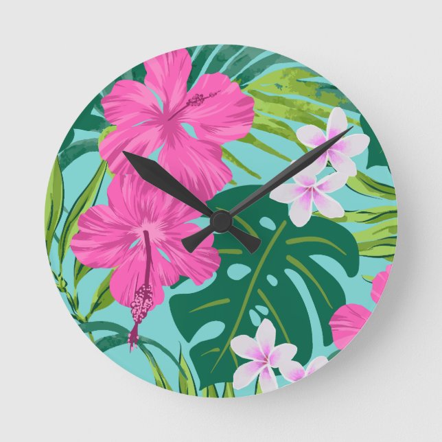 Horloge Ronde Luna Hibiscus Garden Hawaiian - Rose et Turq (Recto)