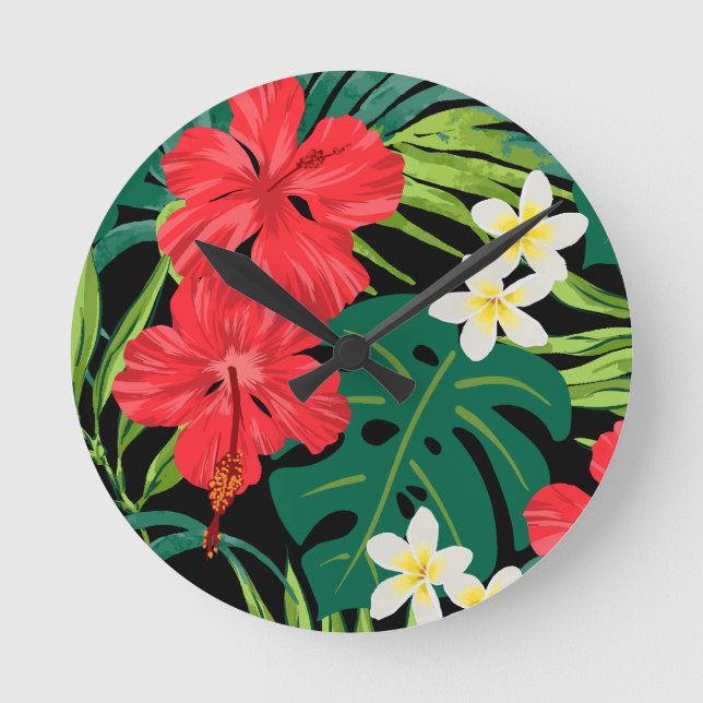 Horloge Ronde Luna Hibiscus Garden Hawaiian - Rouge et Noir (Recto)