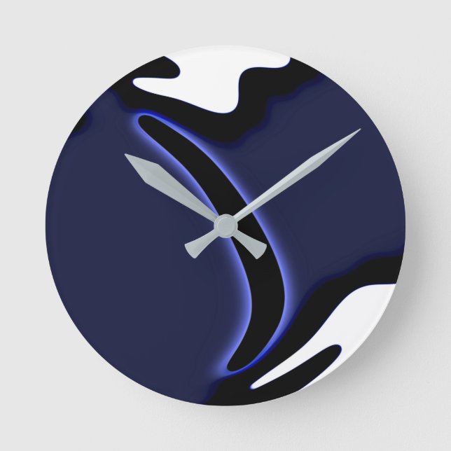 Horloge Ronde Lune bleue : Bleu Abstrait, Blanc & Noir (Recto)