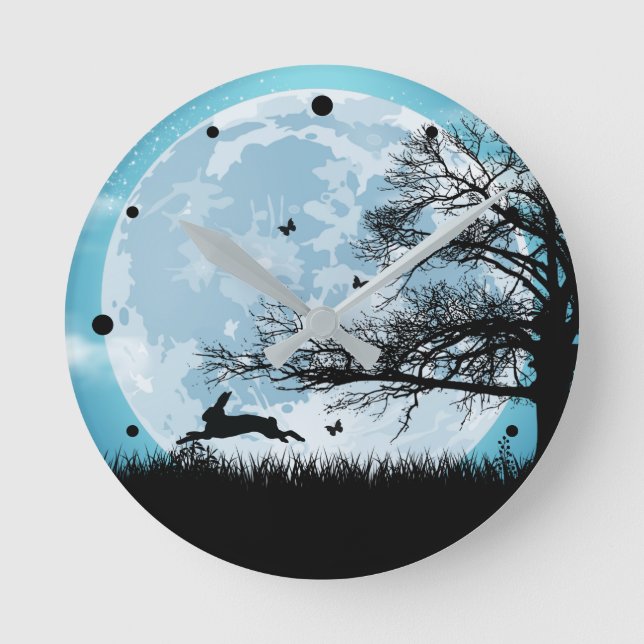 Horloge Ronde Lune mystique avec silhouette de lapin (Recto)