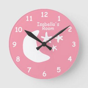 Horloge Ronde Lune rose et étoiles enfants chambre chambre à cou