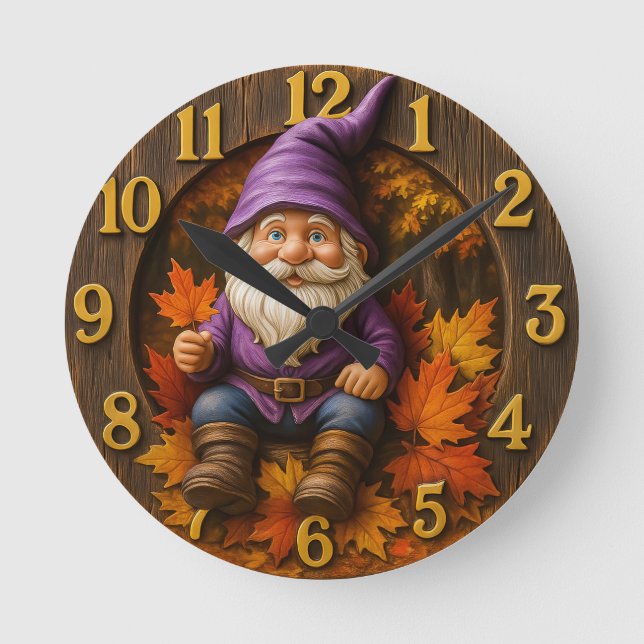 Horloge Ronde Lutins d'automne avec feuilles d'érable rustique (Recto)