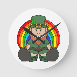 Horloge Ronde Lutrin chanceux avec pot d'or arc-en-ciel
