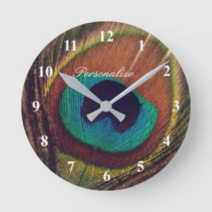 Horloge Ronde Luxe élégante plumes paon oeil photo personnalisée