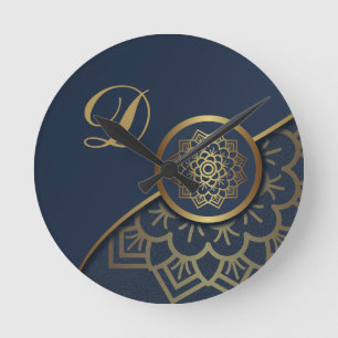 Horloge Ronde Luxe personnalisé Mandala Art Blue