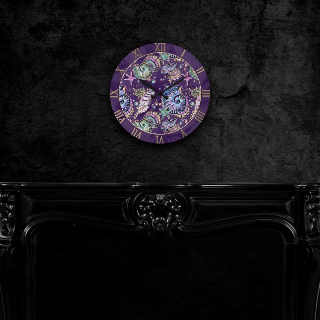 Horloge Ronde Luxe violet sous-marine | Dark Pastel Gold Sea Lif (Créateur téléchargé)