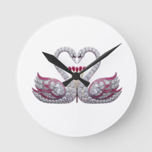 Horloge Ronde Luxueux Cadrans Mural Cygnes en Diamant 3D en Form