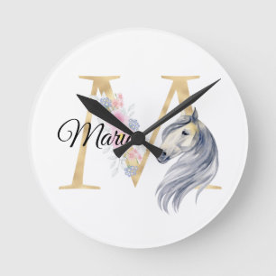 Horloge Ronde M lettre monogramme personnalisé avec cheval