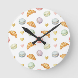 Horloge Ronde Macarons pastel et croissants motif sans couture