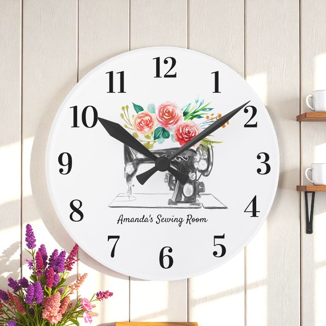 Horloge Ronde Machine à coudre noire Floral blanc (Créateur téléchargé)