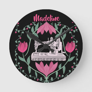 Horloge Ronde Machine à coudre vintage : Motif Floral Personnali