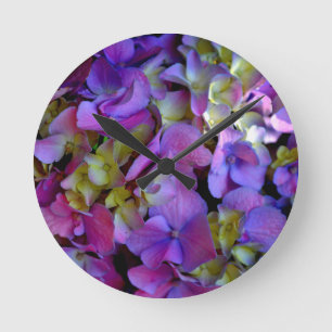 Horloge Ronde Magenta Purple bleu jaune Hydrangeas fleurs