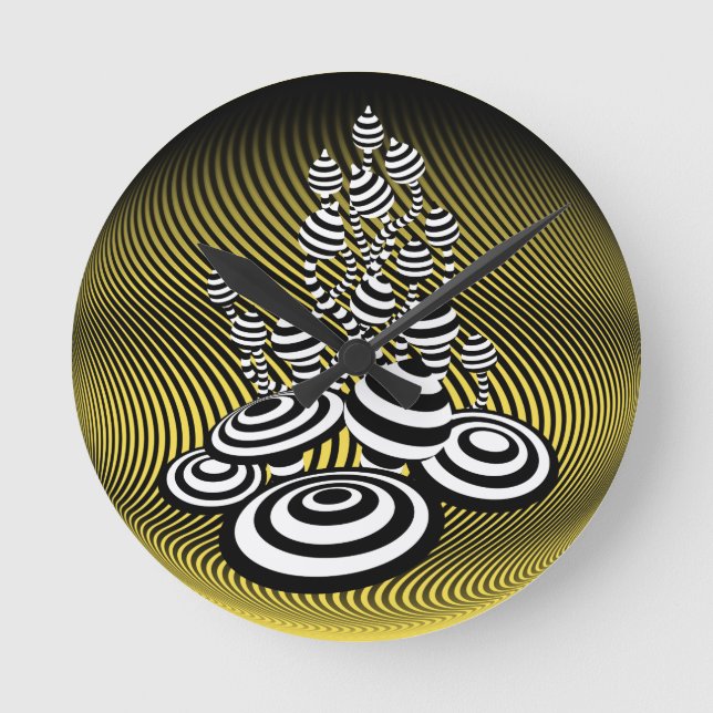 Horloge Ronde Magic Mushrooms yellow optical design Wall Clock. (Recto)
