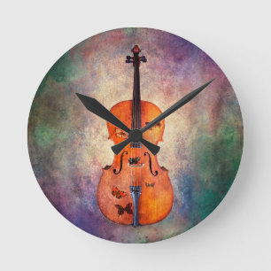 Horloge Ronde Magical cello with butterflies