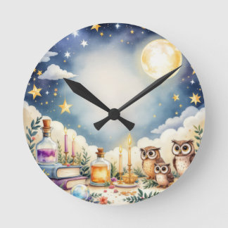 Horloge Ronde Magical Night Sky Owars Stars Watercolor Coussin