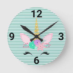 HORLOGE RONDE MAGICAL UNICORN AQUA GREEN STRIPE WALL CLOCK