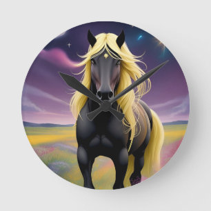 Horloge Ronde Magnifique cheval noir à la crinière dorée ondoyan