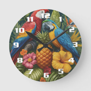 Horloge Ronde Magnifique perroquet tropical d'ananas et fleurs
